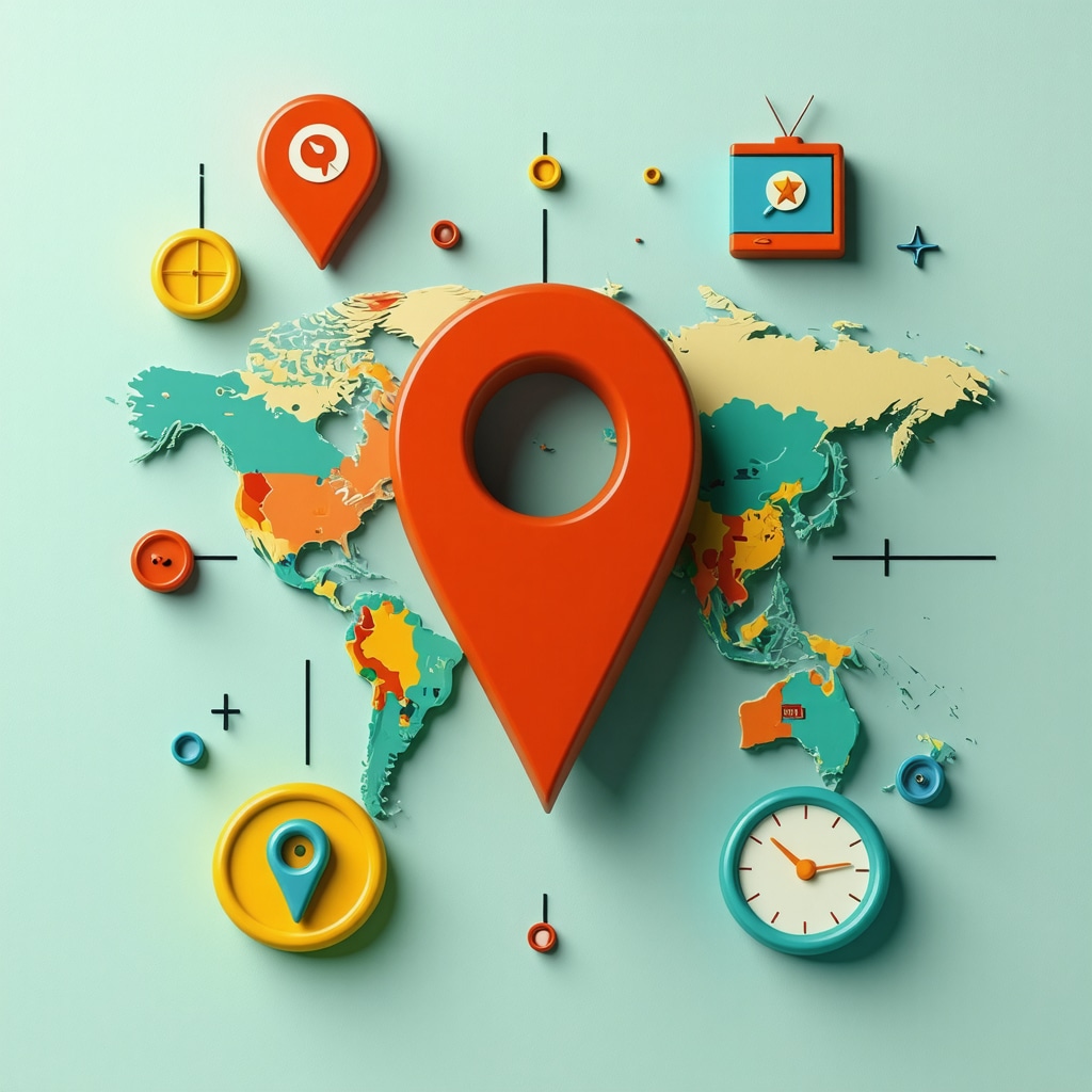 Map pin with digital marketing icons representing geo-targeting and local SEO