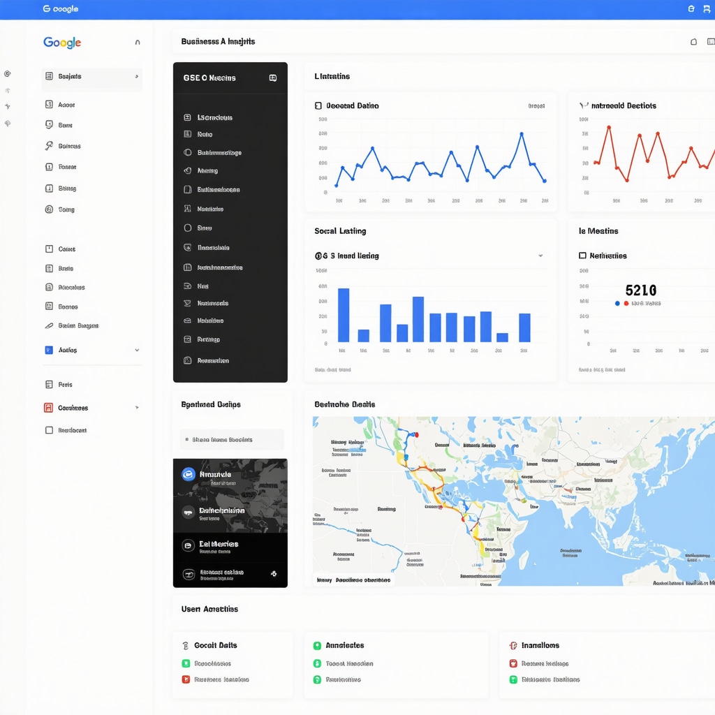 Dashboard view of Google Business Insights data analytics with graphs and maps for local SEO