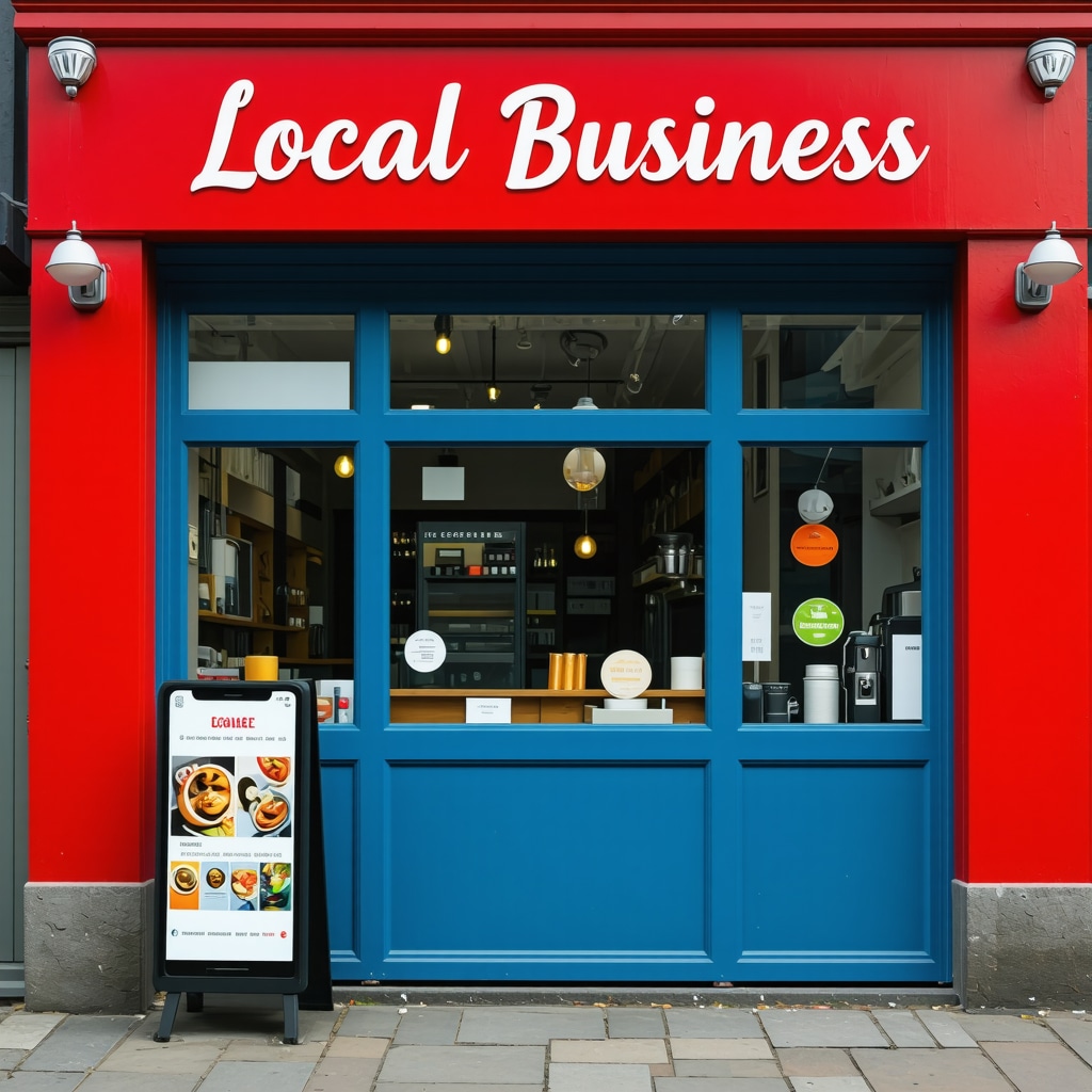 Local storefront with digital marketing elements and community focus