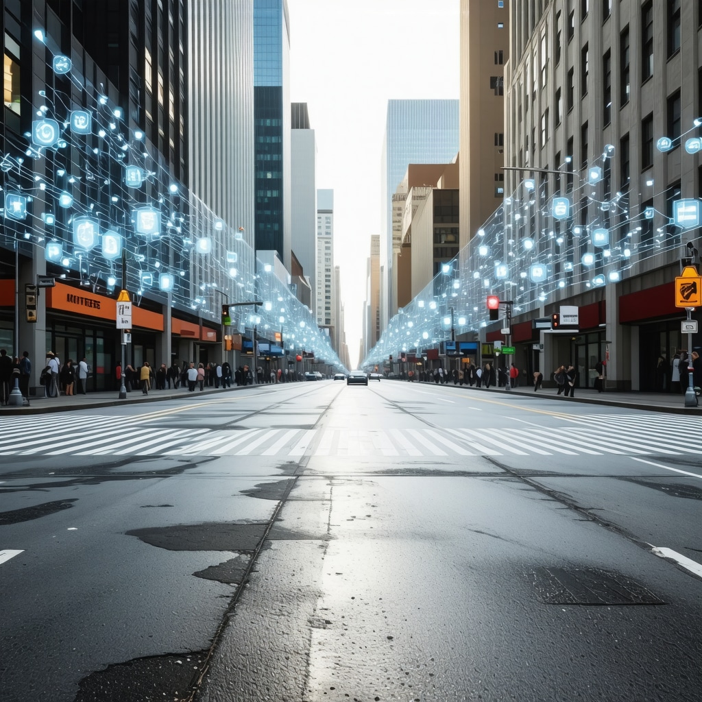 City street with digital overlays illustrating local business data and personalization