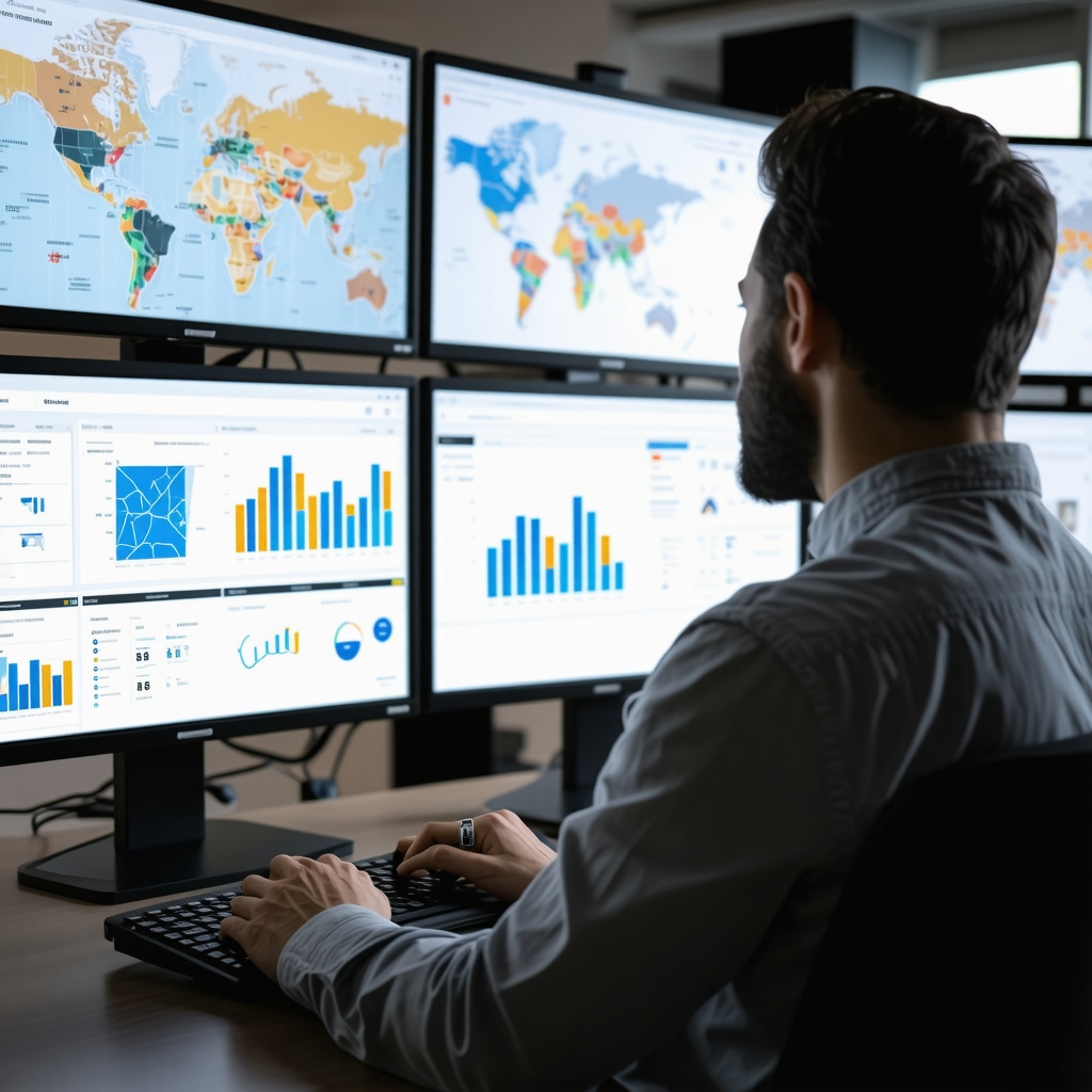 Business analyst reviewing hyperlocal neighborhood analytics on digital screens.