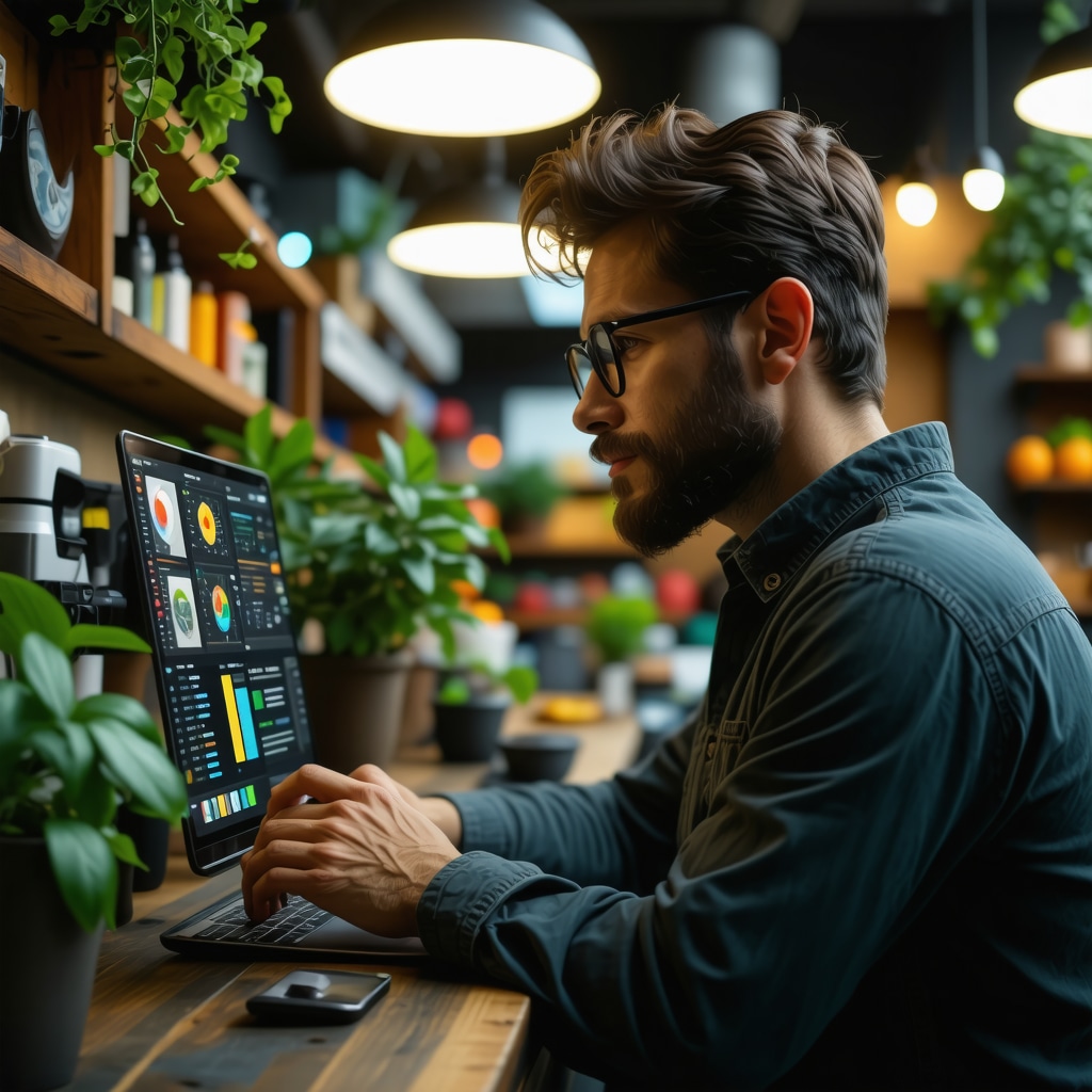 Business owner analyzing hyperlocal marketing data with IoT and analytics tools