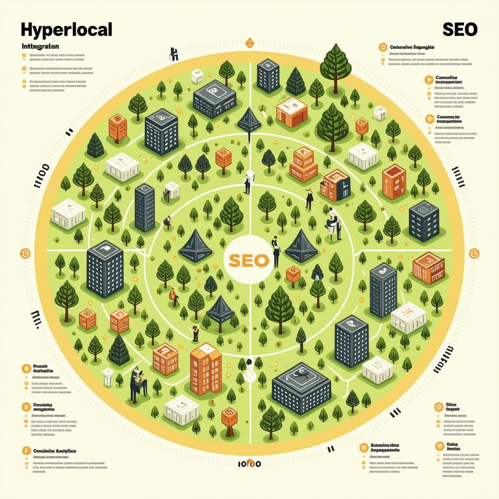 Infographic showing hyperlocal data integration, AI predictive analytics, and community-based SEO tactics.