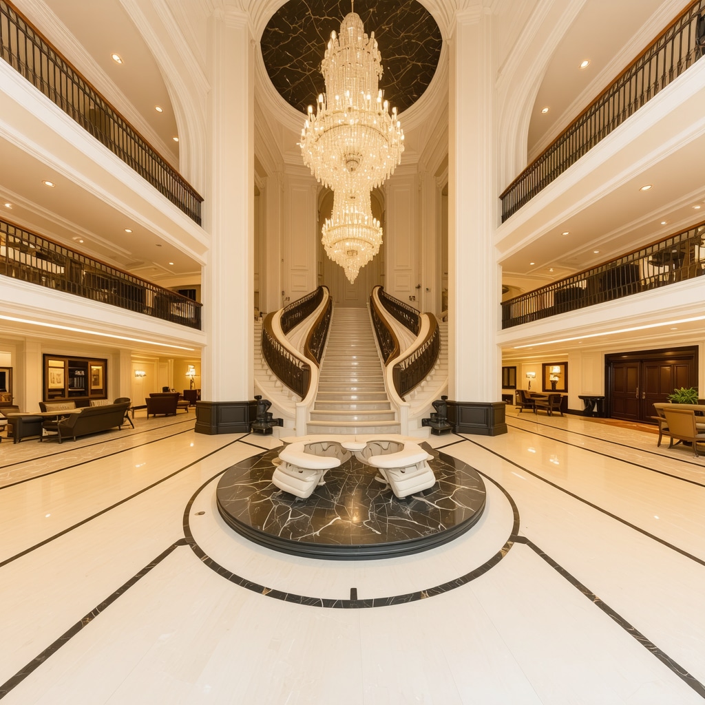 A high-resolution 360-degree virtual tour of a hotel lobby demonstrating immersive multimedia content for GMB profile enhancement.