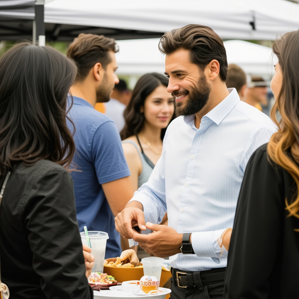 Business owner interacting with community at local event