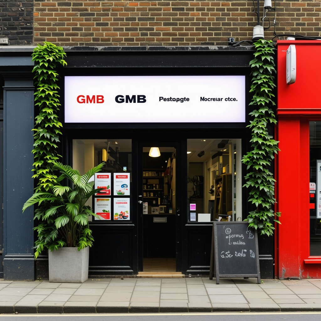 A busy storefront with digital signage showing Google My Business updates and vibrant community interactions