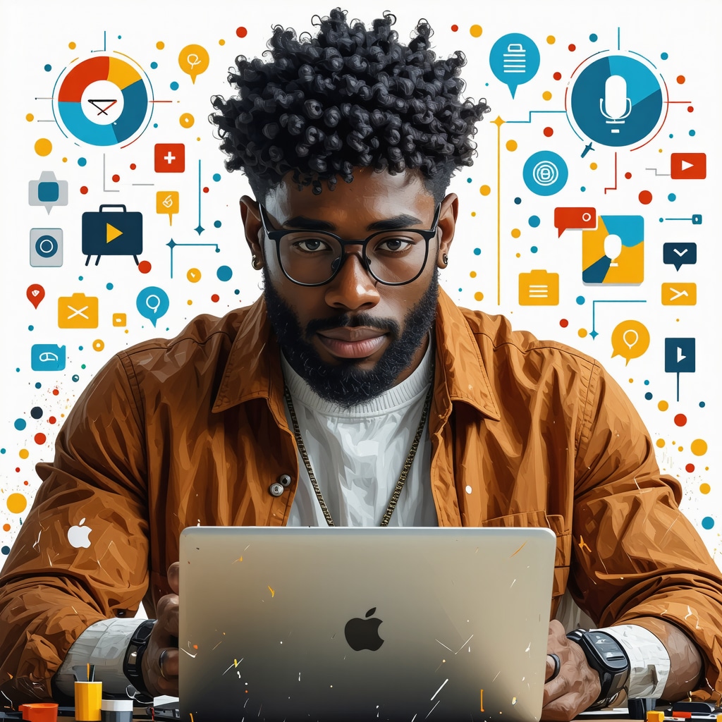 Illustration of a business owner optimizing local SEO with AI tools, semantic search, and voice search features