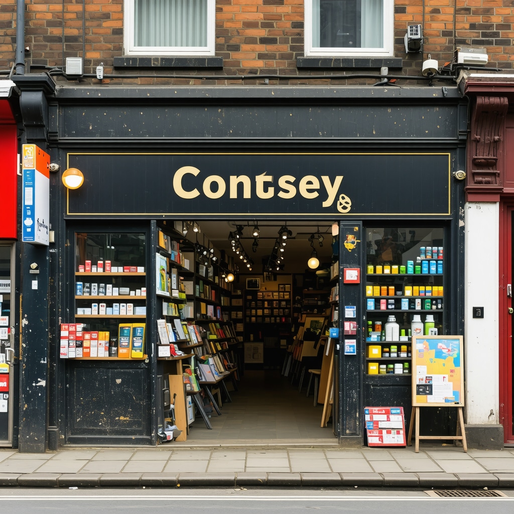 Busy local storefront with community engagement and vibrant signage.