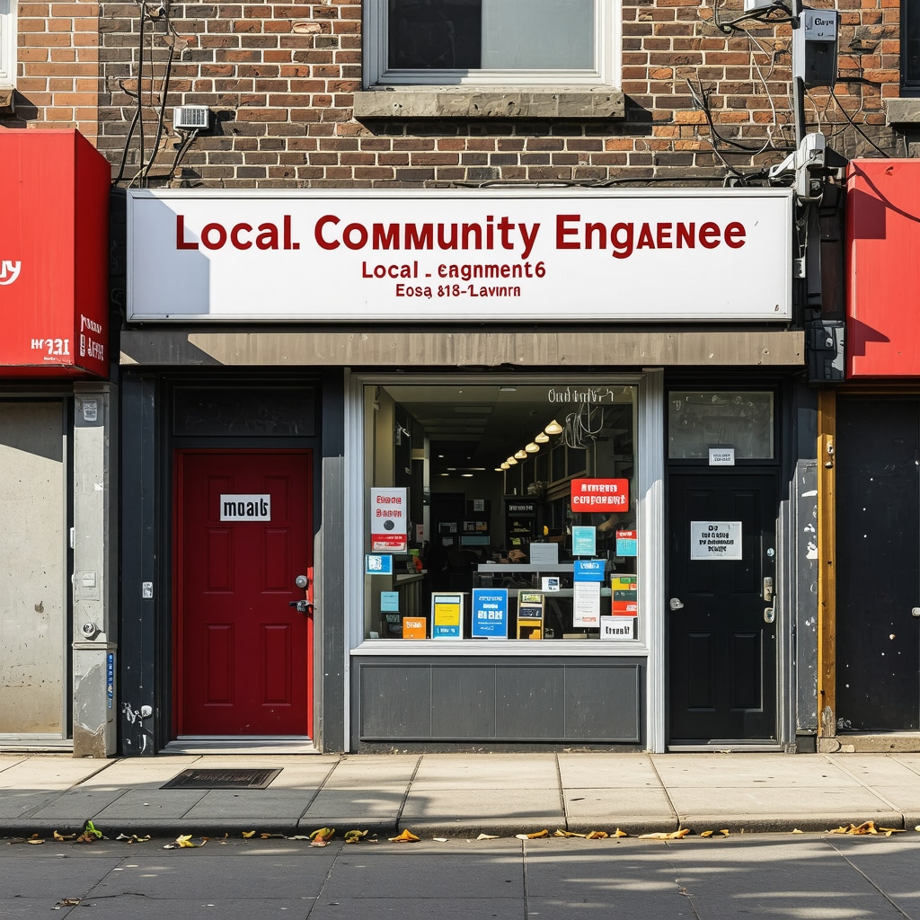 Photograph of a storefront in a lively neighborhood with signage and community activity.