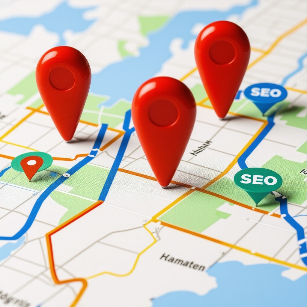 Digital map with location pins and SEO icons for local search optimization