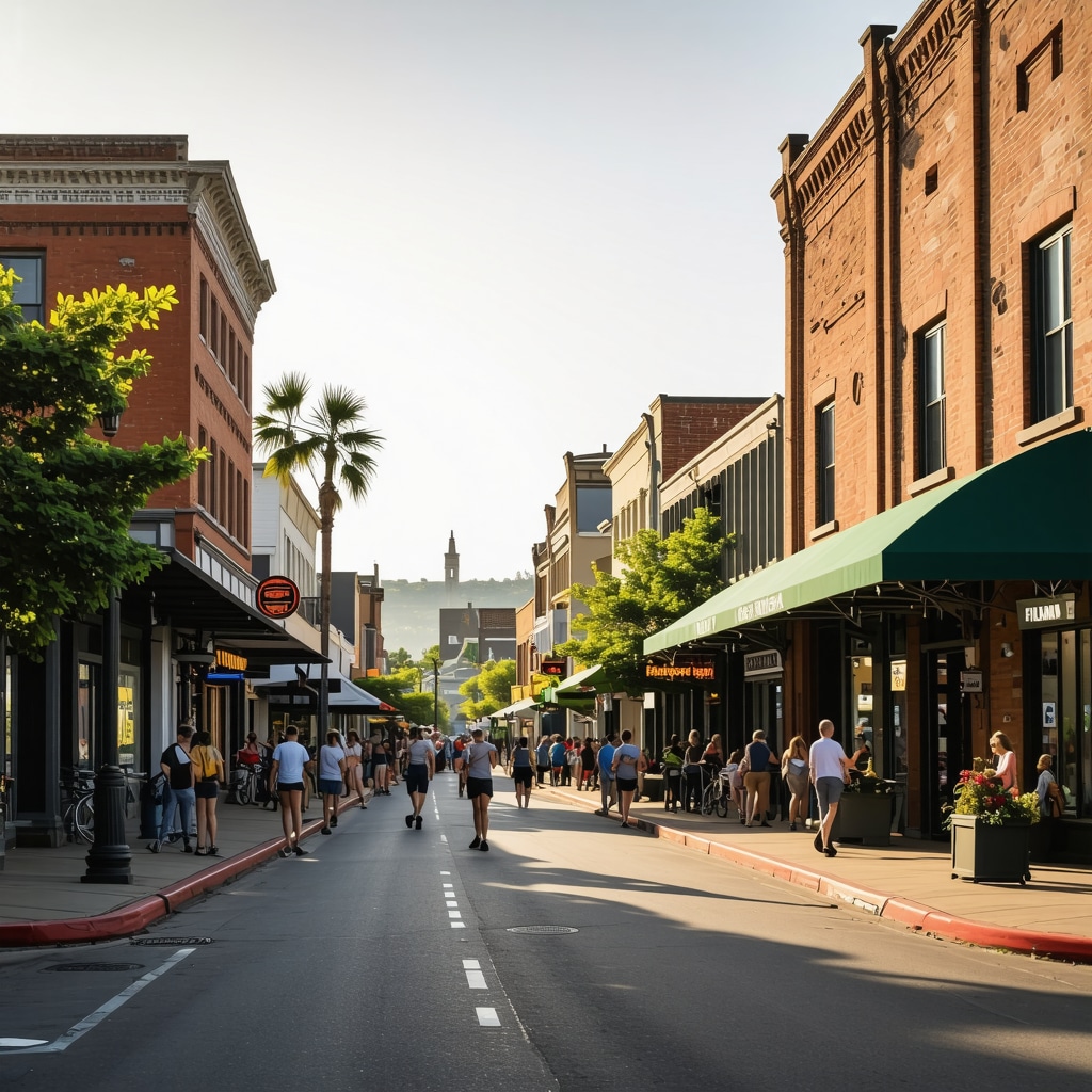 Vibrant neighborhood scene with local businesses and community members