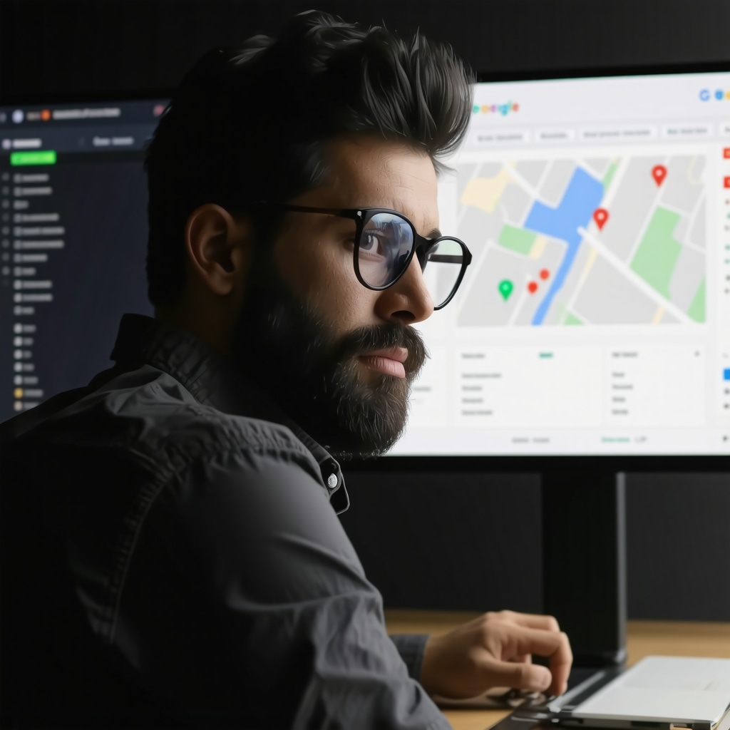 Business owner reviewing local SEO analytics and Google Maps rankings.