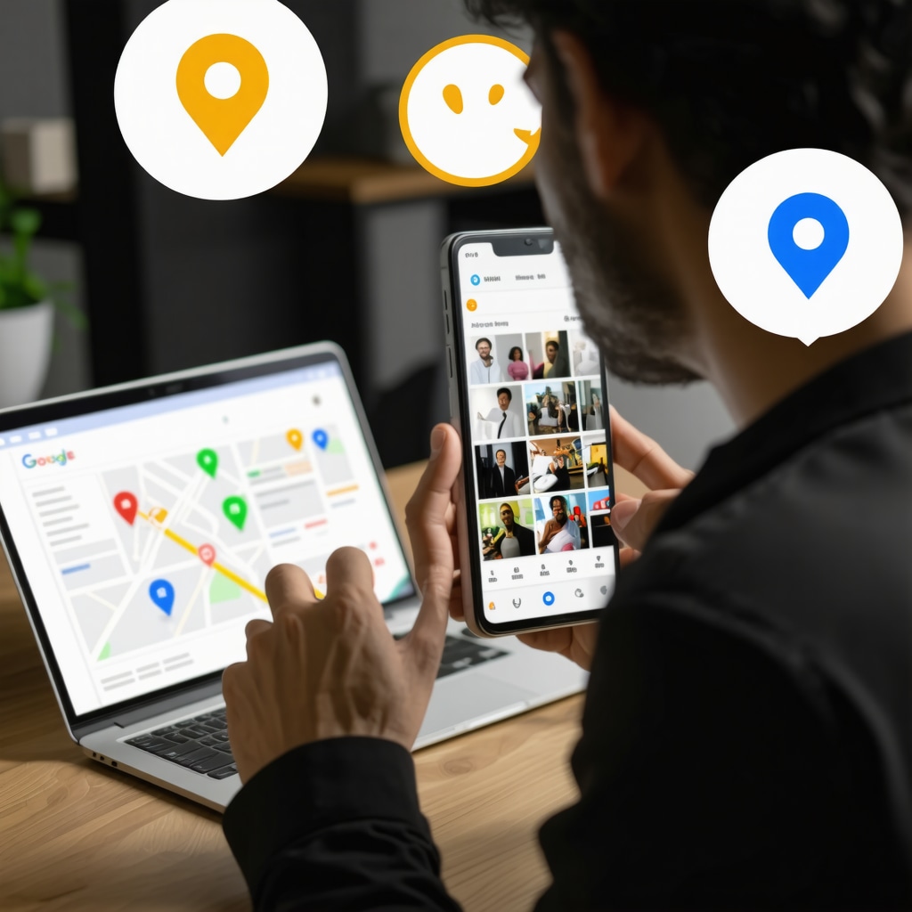 Business owner using devices to optimize Google Business Profile with geo-tagging and automation tools
