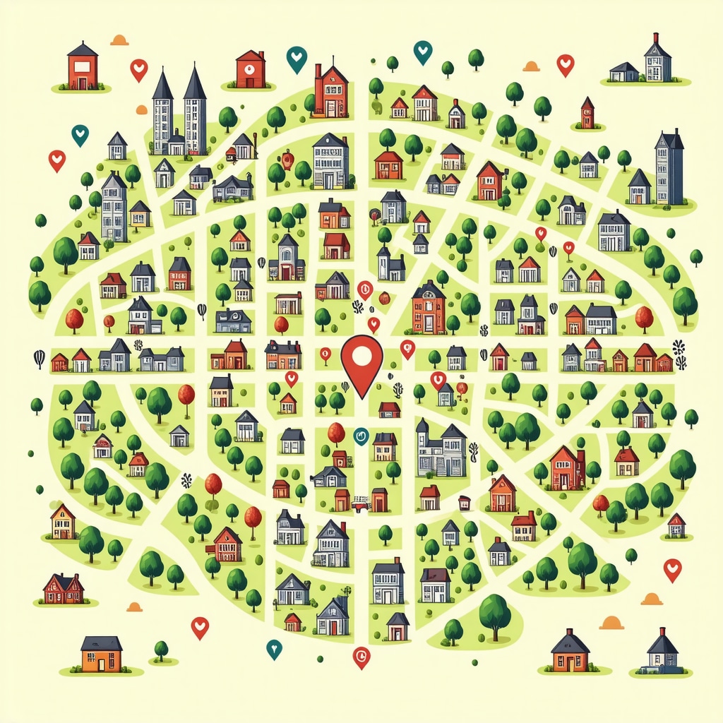 Map with social media icons representing community engagement and local content