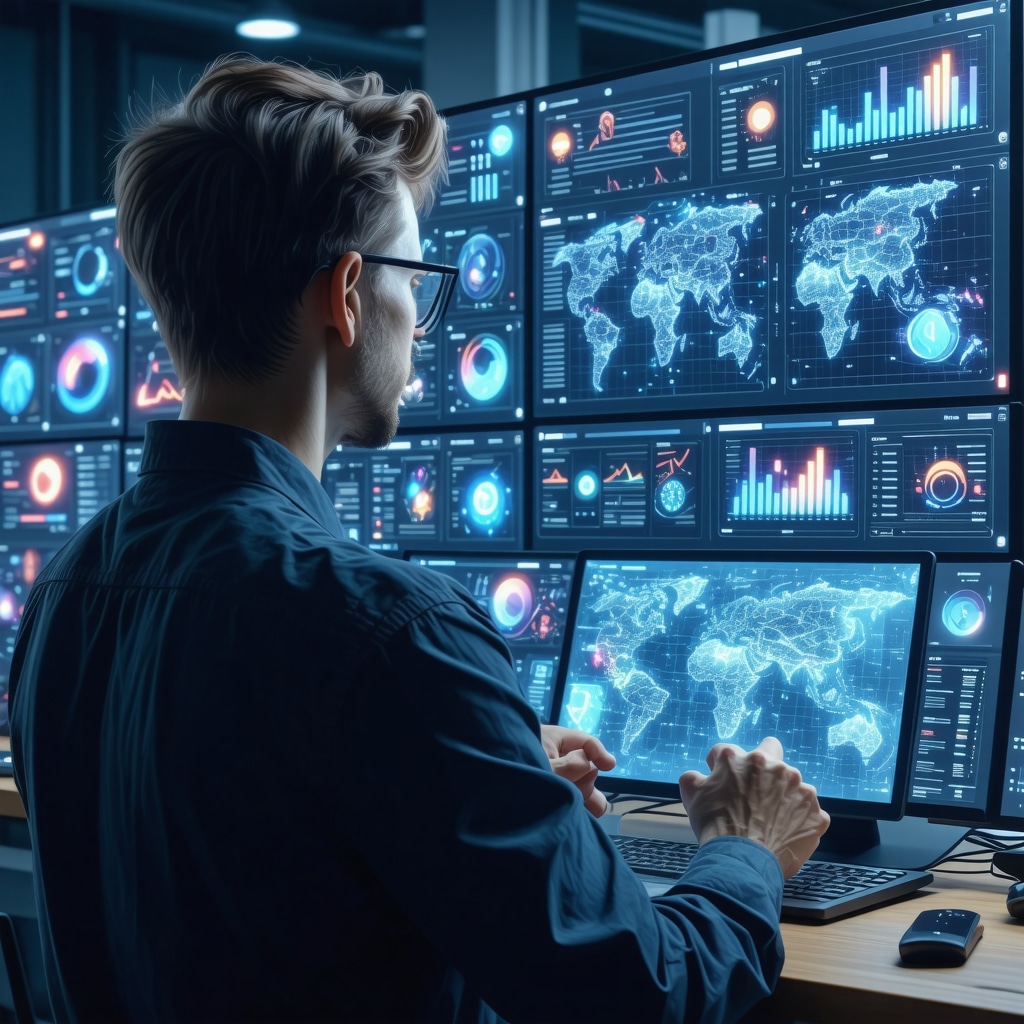 Business owner reviewing backlink data on a digital futuristic dashboard