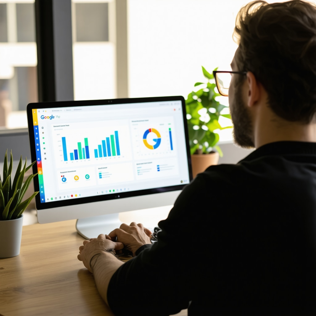 Business owner reviewing GMB analytics dashboard for local SEO insights.