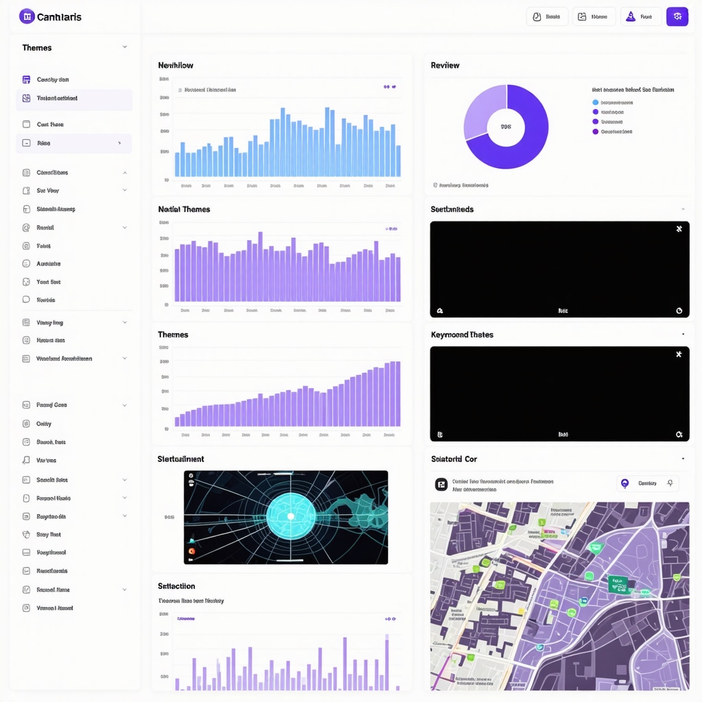 Dashboard with review insights, themes, sentiment trends, and keywords for local SEO optimization.
