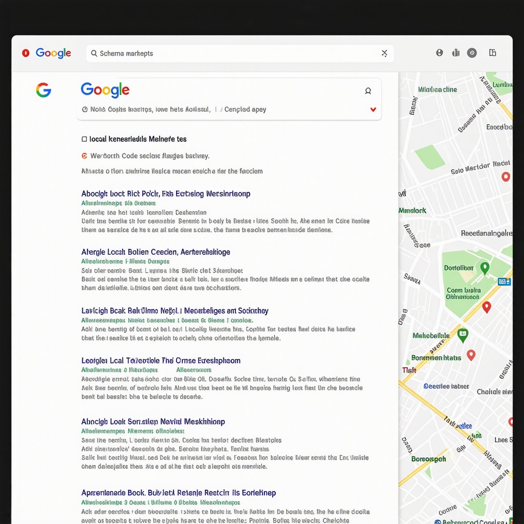 Schema markup code snippets on Google local search results page showing rich snippets and local pack features