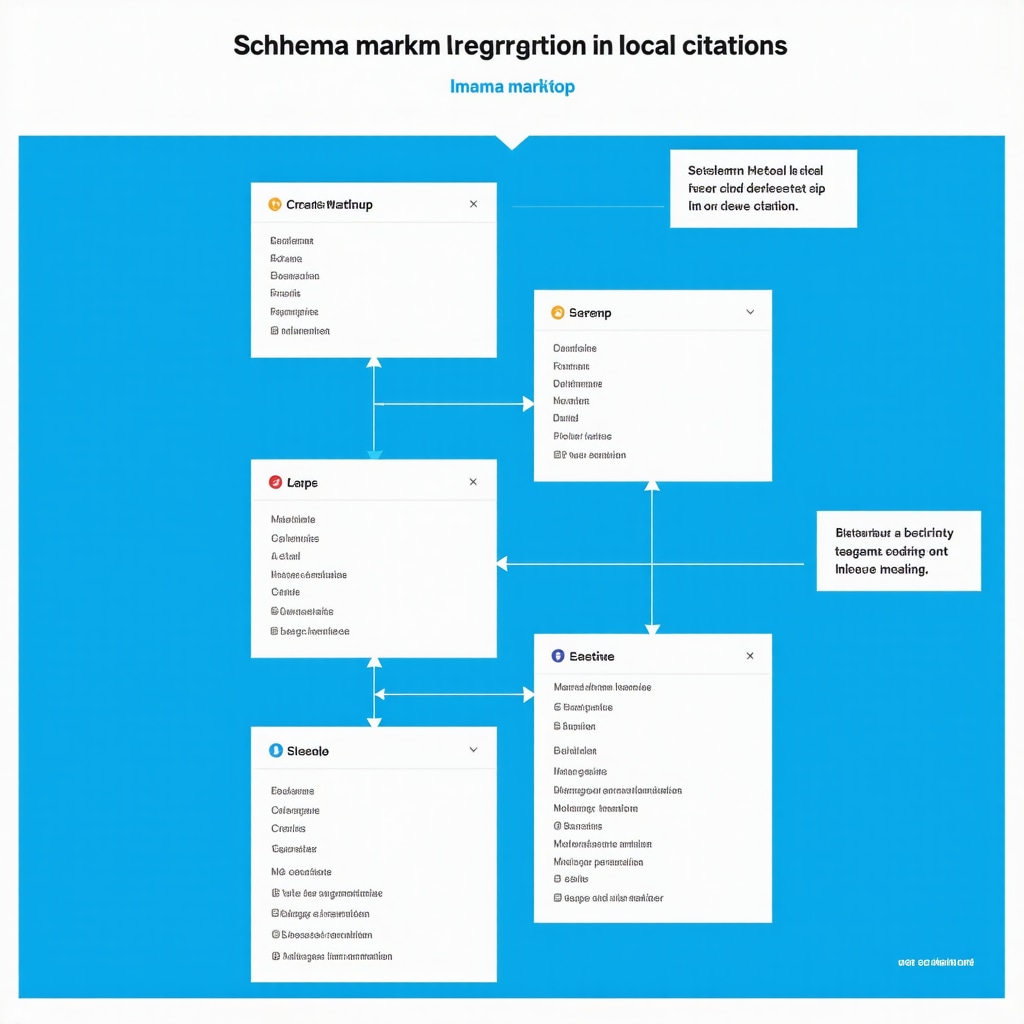 Diagram showing schema markup implementation in local SEO citations, emphasizing key attributes and steps.