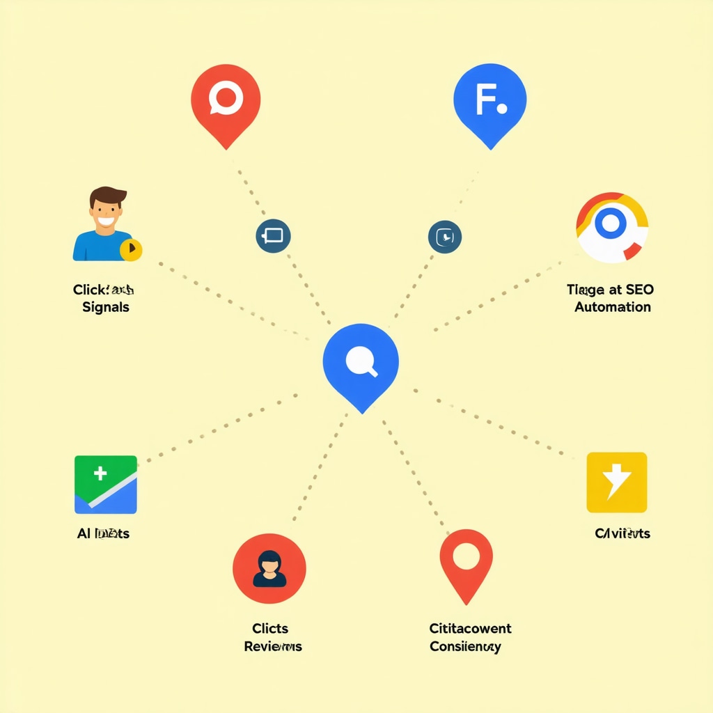 Infographic showing interplay of behavioral signals, AI automation, and citation consistency impacting Google Maps local SEO rankings