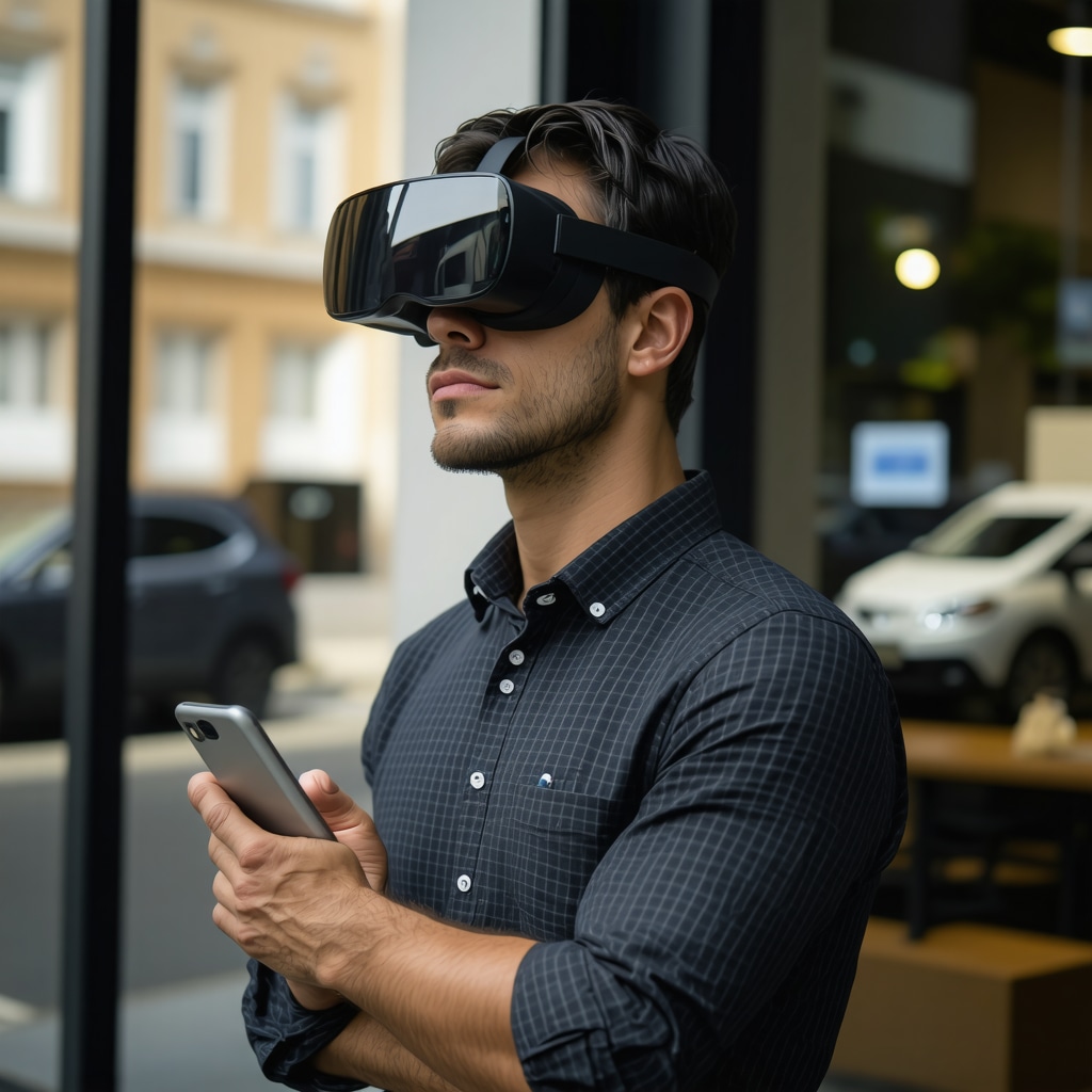 Business owner exploring virtual storefront via AR headset
