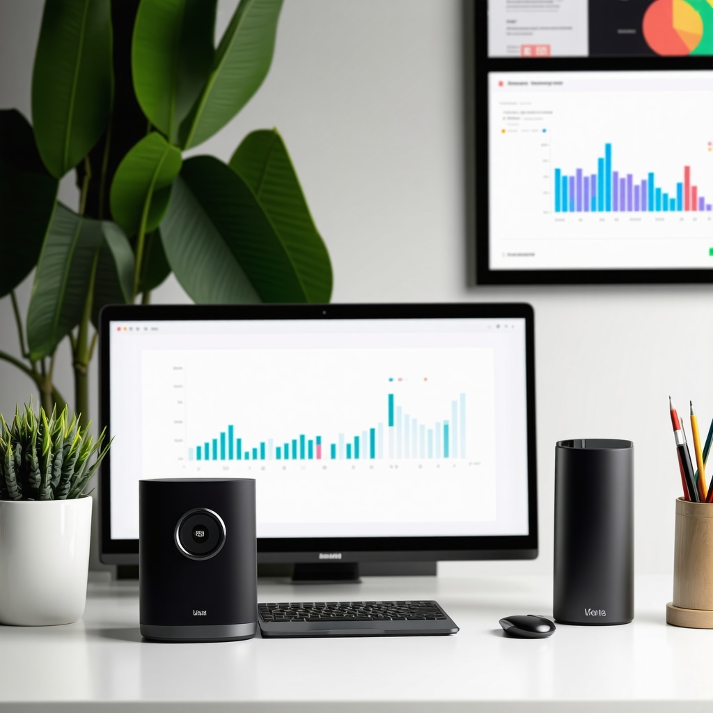 A person optimizing content for voice search with a voice assistant device and analytics display.