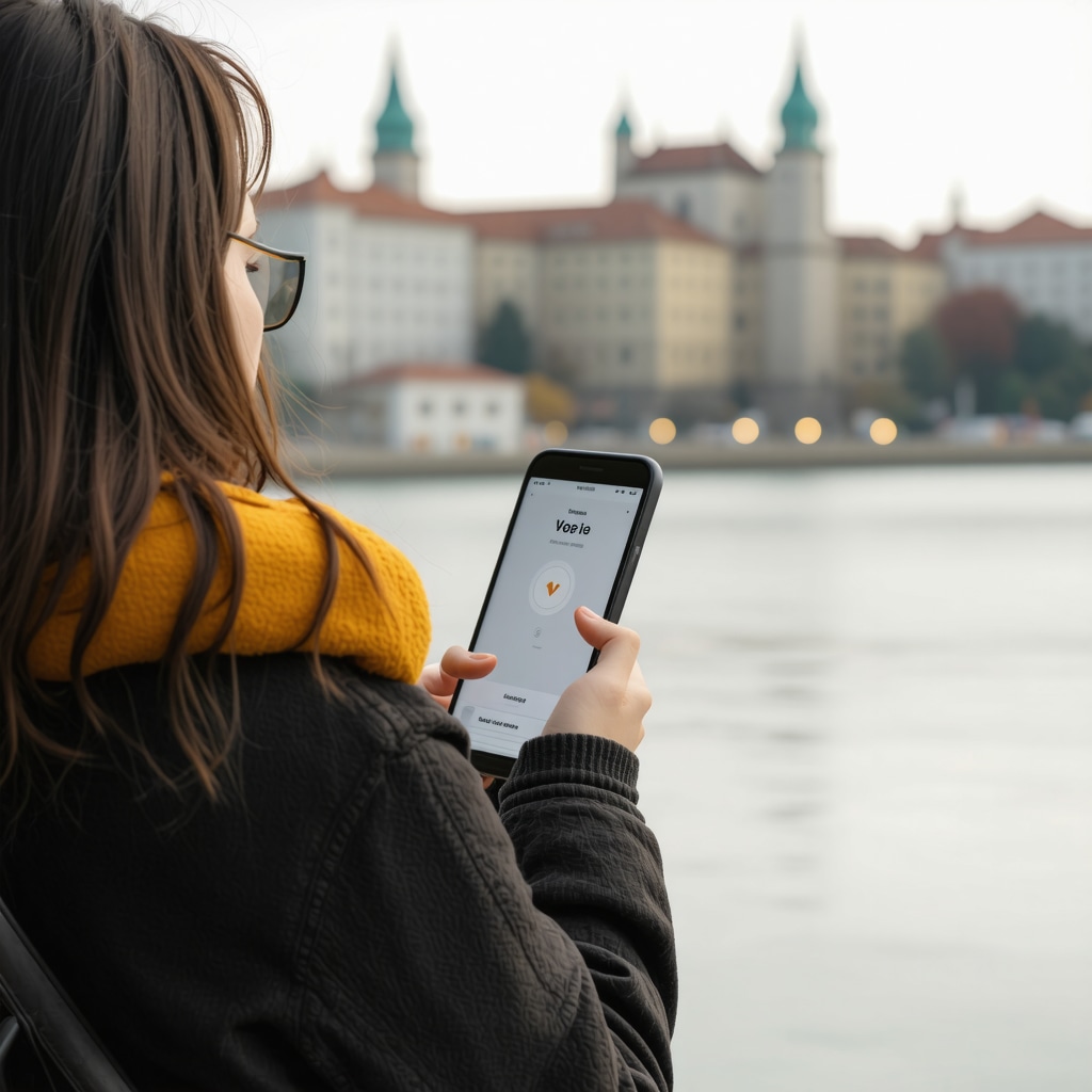 Person using voice search on a smartphone outdoors near local landmarks