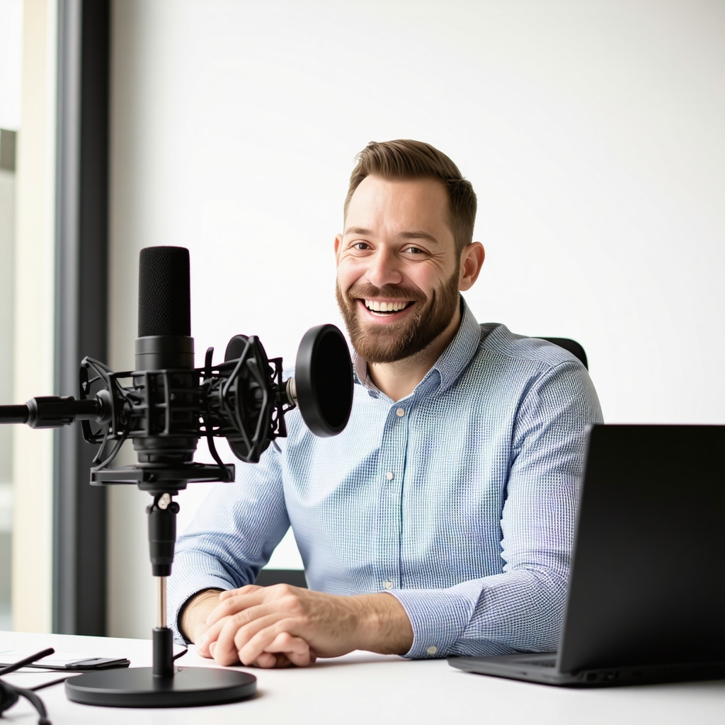 Business owner recording voice testimonial using a smart device in office