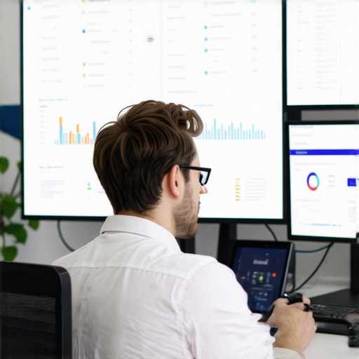 SEO analyst analyzing AI data dashboard with schema and local search metrics.