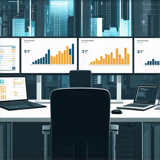 Futuristic office with AI analytics dashboards showing local SEO metrics and predictive graphs.