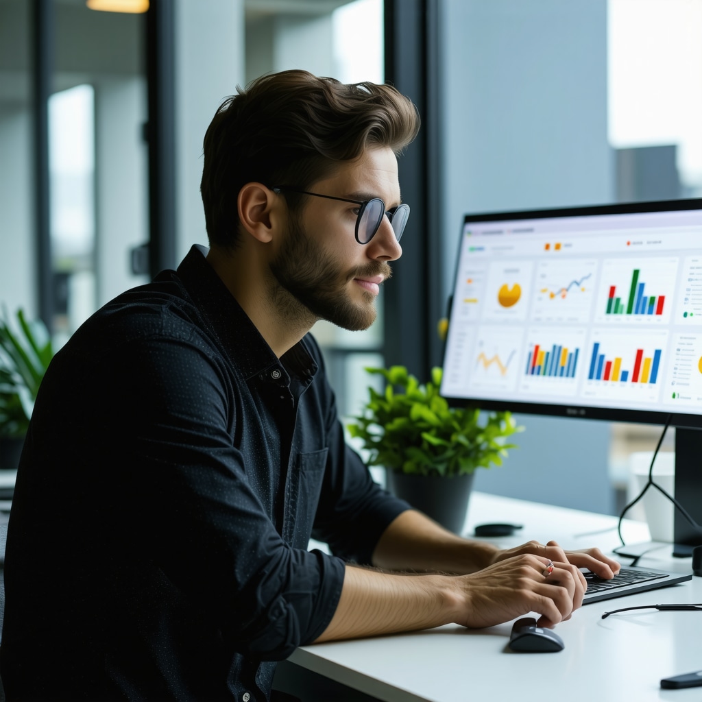 Business professional analyzing customer review data using AI tools in an office.