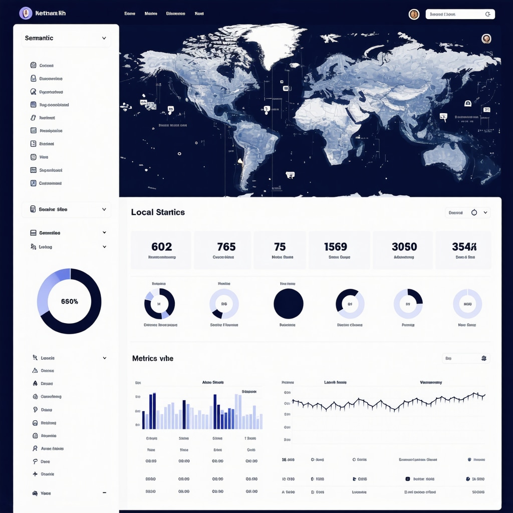 Futuristic AI analysis dashboard with semantic clustering and local SEO metrics.
