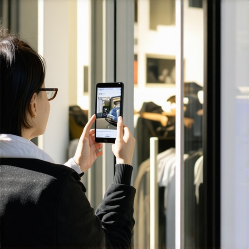 User engaging with augmented reality virtual tour at business storefront