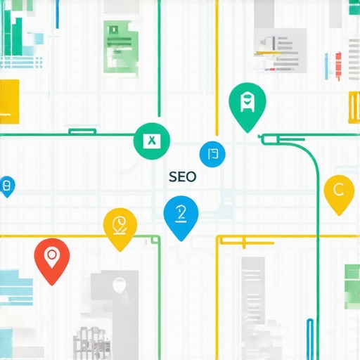 City map with icons representing SEO tactics, data analytics, and local business optimization.