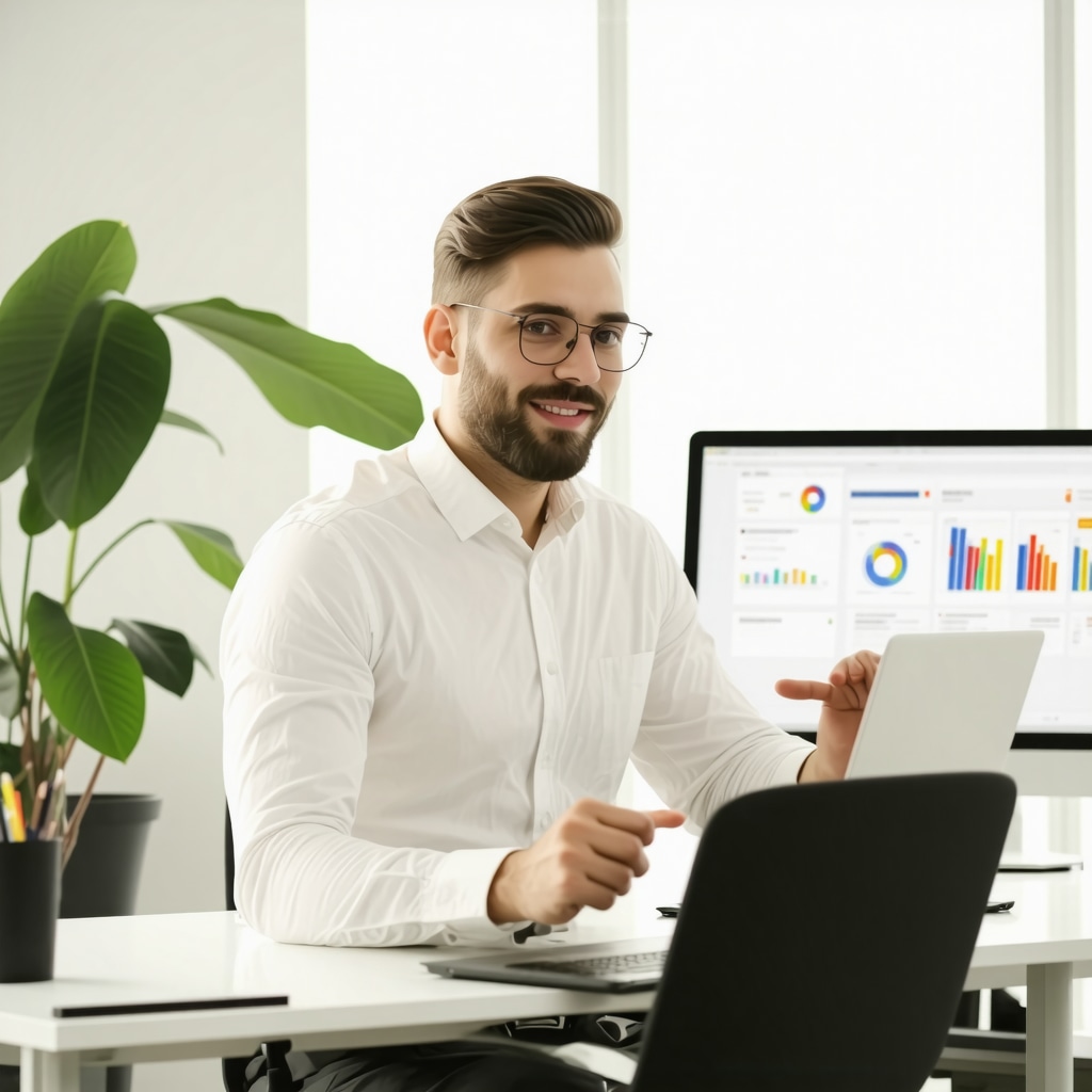 Expert analyzing local SEO and citation sources on digital devices in a modern office