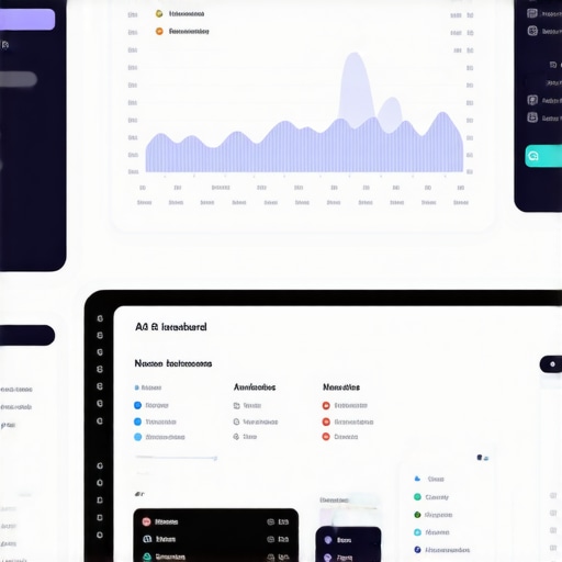 A digital dashboard showing AI analytics, voice search icons, and schema markup elements for GMB optimization.