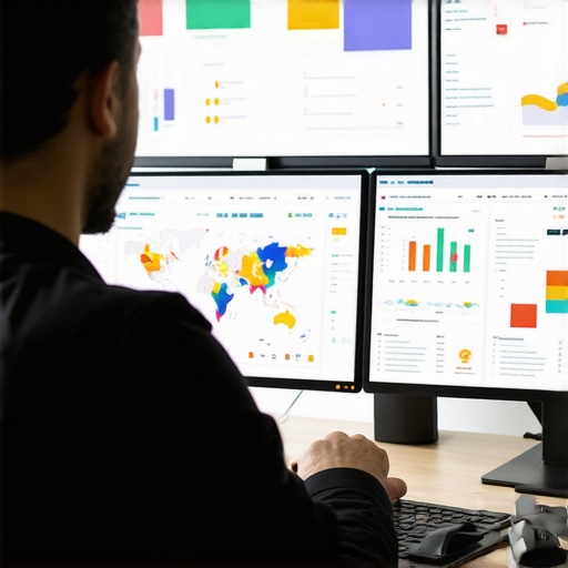 A strategist reviewing local SEO analytics on multiple screens with graphs and maps