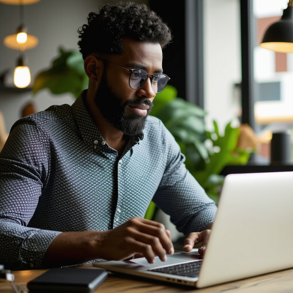 Business owner reviewing backlinks on a laptop for local SEO
