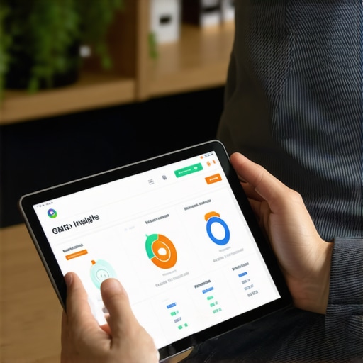 Business owner reviewing local SEO and GMB insights on a tablet in a professional office environment