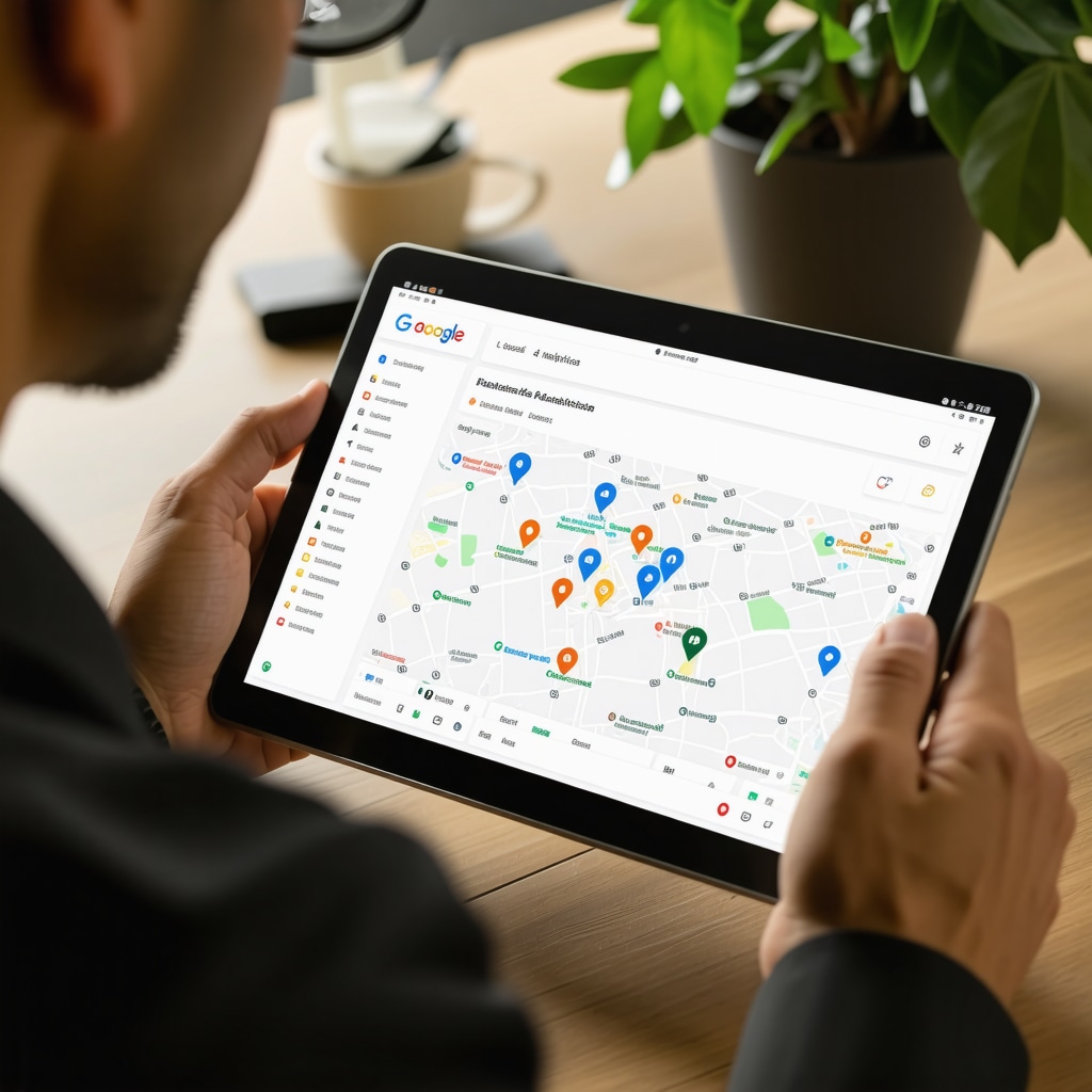 Business owner examining local search analytics on a tablet.