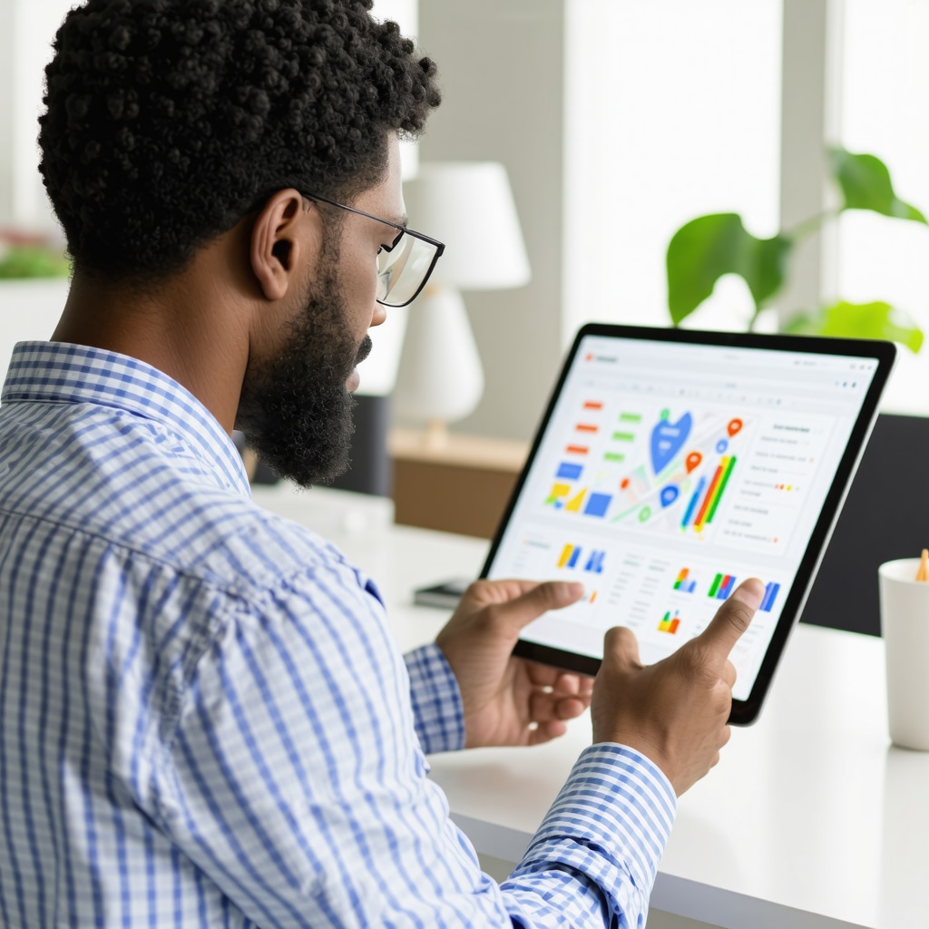 Business owner reviewing Google Maps analytics and local SEO metrics on a tablet.
