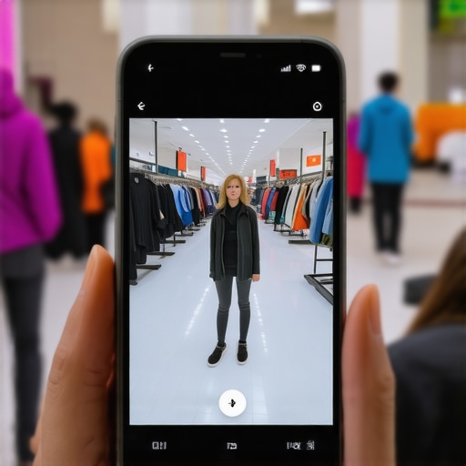 Augmented reality smartphone app showing virtual product overlay in a local store.