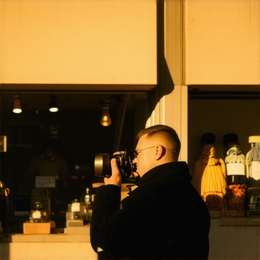 Photographer taking high-resolution photo of a storefront at golden hour, illustrating professional visual content creation.