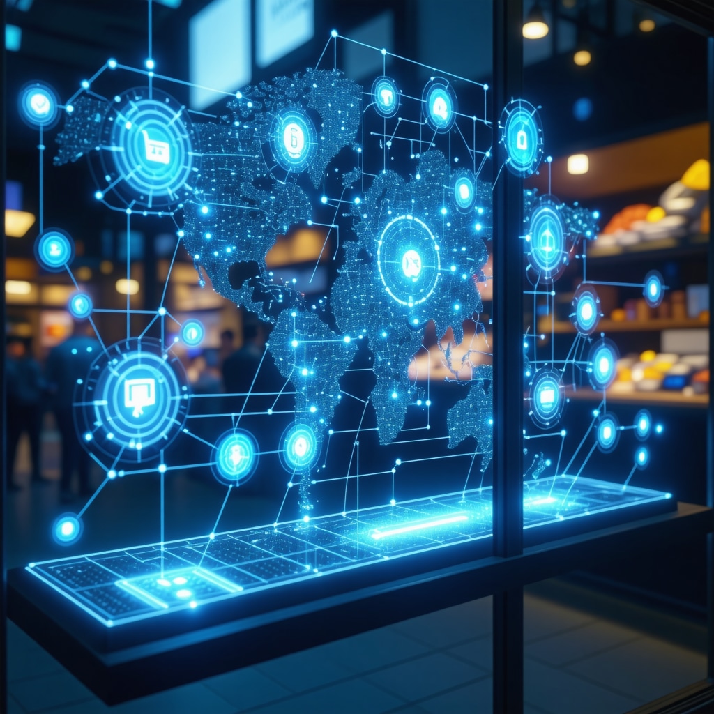 Illustration of blockchain nodes and augmented reality overlay on a storefront for verification