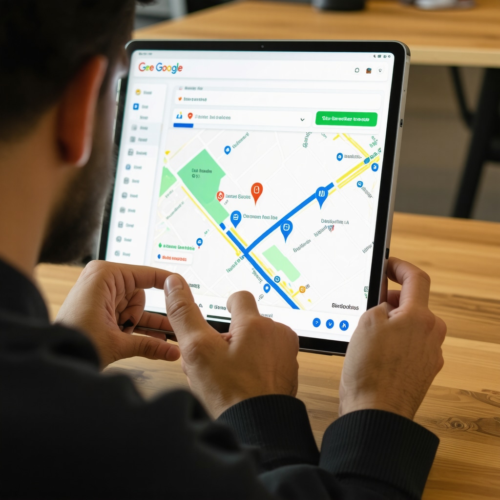 Business owner analyzing Google Maps ranking data on a tablet.