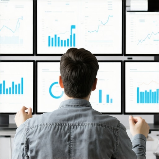 A marketer analyzing local SEO analytics on multiple monitors, focusing on data insights for Google Maps optimization.