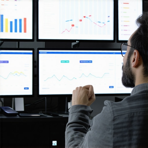 Marketer analyzing local SEO analytics on digital dashboards.