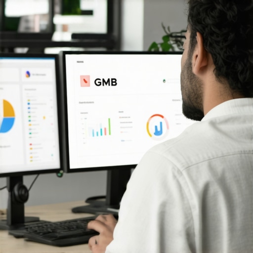 A digital marketing professional reviewing local SEO analytics on a computer screen with GMB dashboard.