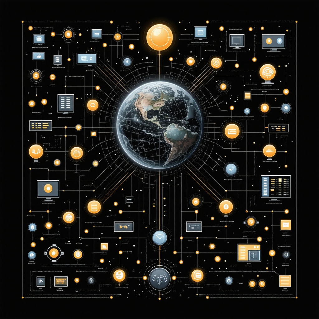 Futuristic digital schema markup diagram with AI and multimedia icons