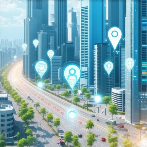 Futuristic city with digital maps and AI icons illustrating advanced local SEO technology